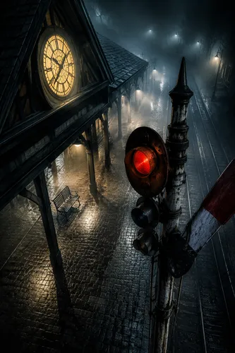 Hyper-detailed modern American comic book illustration of a foggy train station at night, shot from a steep high angle. Hard digital inks and extreme rendering detail define a wooden canopy with an ov