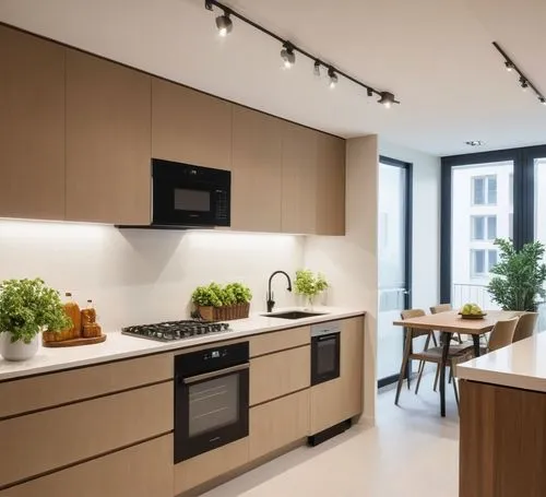 A modern and stylish kitchen featuring a warm combination of cream MDF and wood, creating a cozy and inviting atmosphere. On the right side, there is a double-bowl sink along with a built-in cooktop, 