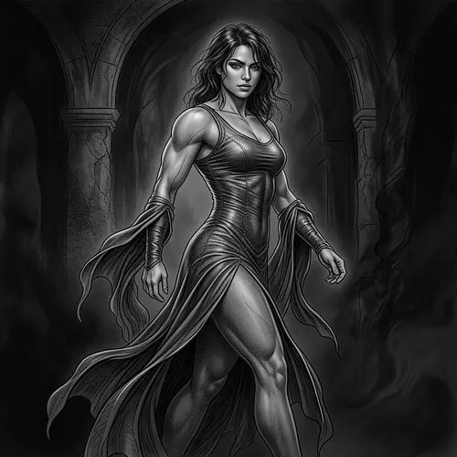(LUIS ROYO style, fine ink drawing, slim black ferrofluid ink outlines,)
. A muscular girl emerges from a dark, textured background, exuding strength and dynamism. The subject wears a fitted gown that