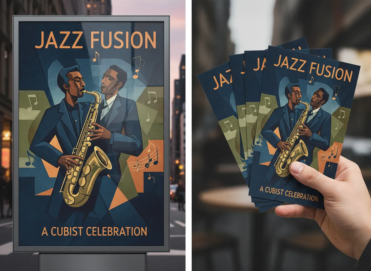 Un manifesto finito in stile cubista esposto su un cartellone digitale e come volantino stampato, che ne mostra l'alta risoluzione e la versatilità.