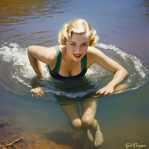 una bella mujer rubia de 30 años nada alegremente a espalda en un rio solitario y profundo de Sudáfrica  en 1931,the blonde in the river,marilyn monroe,mamie van doren,retro pin up girl,female swimmer