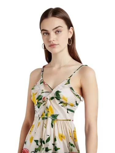 a girl wearing a dress with yellow flowers on it,flowers png,camisole,floral dress,women's clothing,floral,floral mockup,pineapple top,camisoles,botanical print,sundress,girl in flowers,cheongsam,bodi