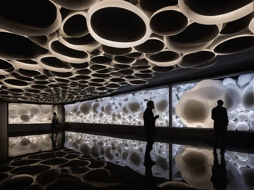 minimalist, closeup interior floating bio organic installation, Neri Oxman, strange anomalies, abstract, spatial clouds biomimicry bulbs, cotton texture, fabric, living architecture, hallucinations, f