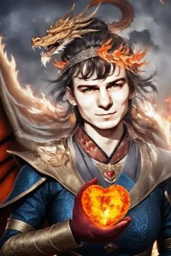Файербол у сердца, дракон,a woman wearing a armor and holding fire and a heart in her hands,garrison,flame spirit,autumn icon,garrisoning,auguries,pagan