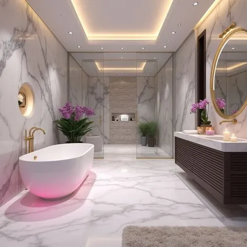 A luxurious modern bathroom with an opulent and vibrant design, featuring polished white marble walls and floors with striking gray veining, creating a seamless and reflective surface, the centerpiece