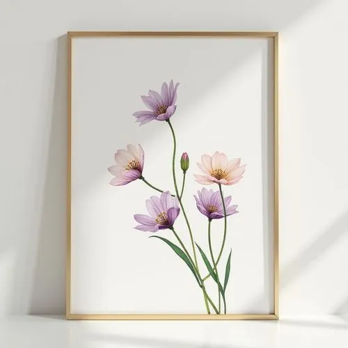 delicate elegant painting on white wall,pastel colors and gold and purple and green, simple slim gold frame, frontview, vertical,lineart,abstract flowers
,a vase with flowers on it sitting next to a w