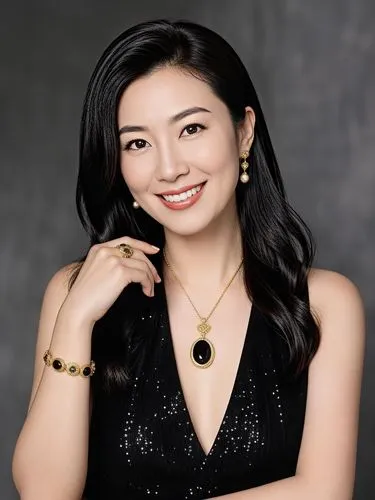 Professional studio portrait of a sophisticated East Asian woman, radiant smile, wearing a black sequined evening gown, adorned with luxury gold and onyx jewelry, pearl earrings, flawless porcelain sk