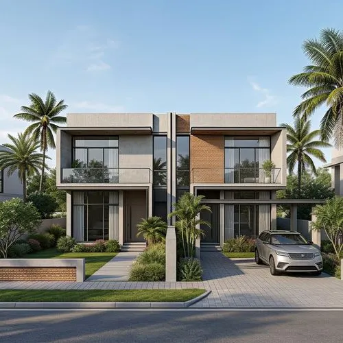 a modern house is shown with lots of trees and palm trees,modern house,residential house,tropical house,holiday villa,dunes house,modern architecture