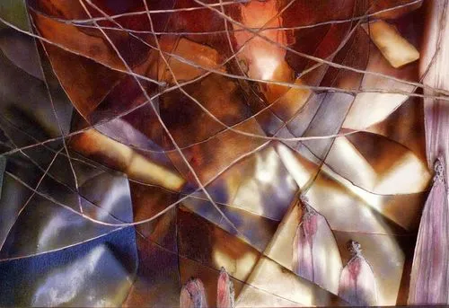 the painting has different colors of paint,entanglements,entanglement,abstract artwork,fragmentation,interwoven,tetrahedral