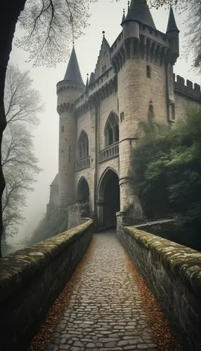 Medieval castle, grandiose, intricate stone carvings, Gothic arches, ribbed vaults, stained glass windows, towering spires, fortifications, moat, drawbridge, cobblestone roads, lush greenery, misty at