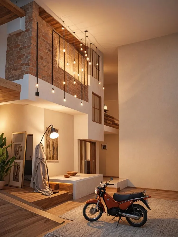 a motor bike is on the floor next to a lamp