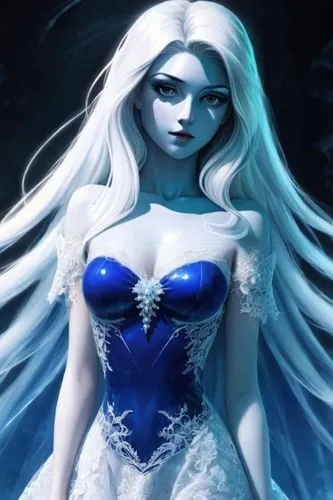 Beautiful anime alien, highly detailed, realistic picture, perfect proportion, masterpiece, perfect lighting, beautiful blue skin, hd,  perfect proportion, lace dress,,ice queen,blue enchantress,white