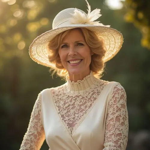 Mature woman, 50s-60s, light-medium complexion, wearing a cream-colored, wide-brimmed, ornate hat with delicate lace trim and feathered accents.  The hat style suggests a period piece, likely Edwardia