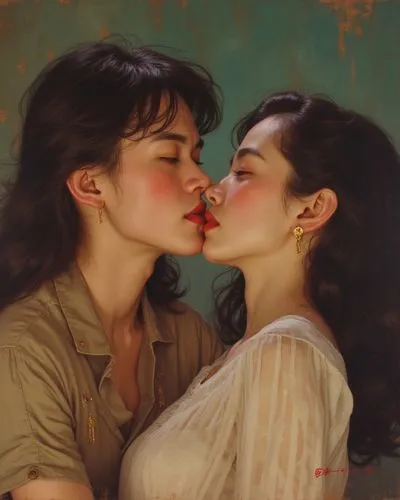 "My wife kissed another girl!",  cover of a 1950s pulp sensationalist novel.,two women, one kissing the other in her mouth,wlw,vettriano,tretchikoff,sapphic,girl kiss,lesbos,heatherley,vintage girls,k