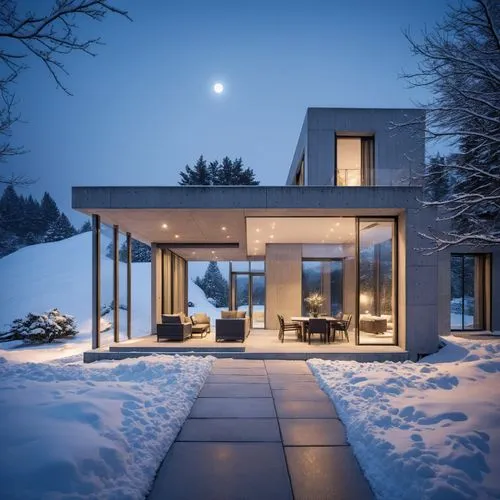 a large open porch covered in snow next to a forest,winter house,snow house,snowhotel,snow roof,new england style house,dunes house,Photography,General,Realistic