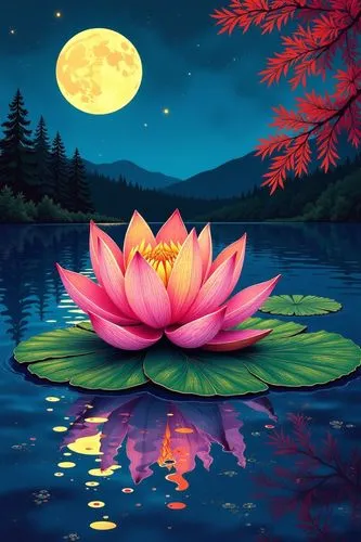 A creatively interpreted impressionist image showcases a large, radiant lily pad adorned with shimmering, floral tendrils, gently drifting on a tranquil and radiant lake beneath the gentle glow of a f