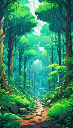 A scene of a dense and primitive Asian forest, with a rainy climate,an anime forest with rain pouring down the trees,forest path,forest,green forest,forest background,forest road,forest landscape,fore