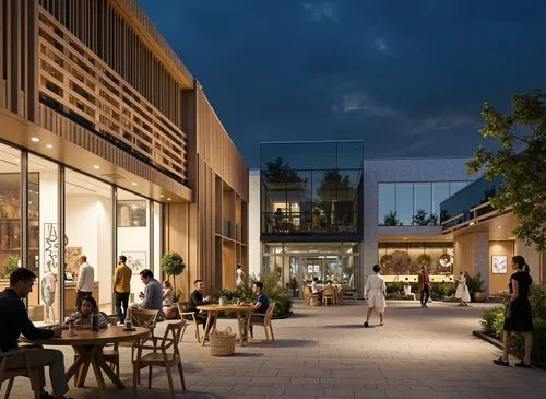 A rendering of a bustling outdoor shopping center at night, showcasing a lively atmosphere with people walking around and sitting at tables. the scene is set in a modern, high-rise building with large