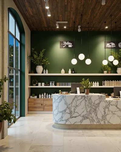 An elegant green-themed retail interior with marble counters, high ceilings, arched windows, and hanging globe lights, blending natural and contemporary aesthetics.,a green marble counter inside of a 