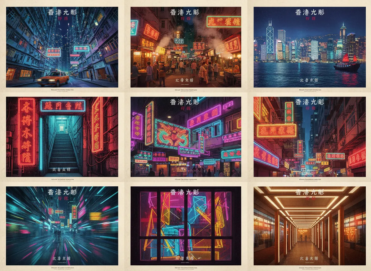 एक ही टेक्स्ट प्रॉम्प्ट से उत्पन्न नौ अलग-अलग हांगकांग नियॉन पोस्टर विविधताओं का एक ग्रिड, जो विभिन्न कोणों और रंग योजनाओं को प्रदर्शित करता है।
