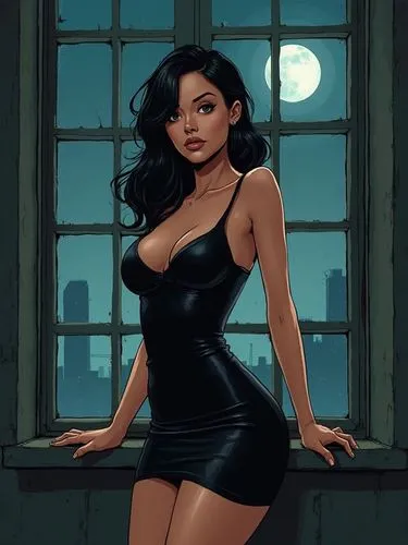 ((lineart|(COMIC ART))
,arafed woman in a black dress posing in front of a window, wearing a tight black dress, seductive lady, she is wearing a black dress, wearing black dress, black dress, sexy dre