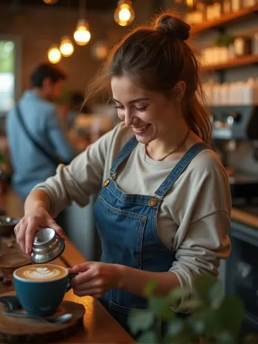A cheerful barista creating latte art in a trendy, bustling café. She’s in her 20s, with a messy ponytail and a warm smile, concentrating as she pours steamed milk into a mug. Dressed in a denim apron