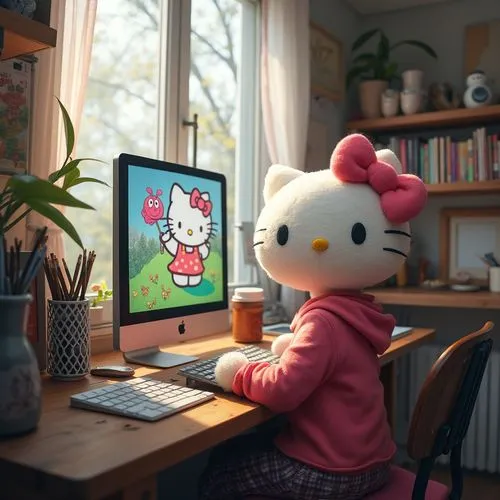 hellokitty ,play computer, in study,Kitty works Hard!,sanrio,hello kitty,programadora,girl at the computer,beulah,irabu,sylbert,hikikomori,girl studying,krita,3d render,miffy,cony,eloise,illustrator,c