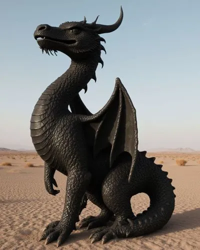 estatua de un dragón oscuro en un paisaje desertico ,a dragon statue is in a sandy area,black dragon,dragon,dragon of earth,dragon design,fire breathing dragon,seat dragon,dragon fire,painted dragon,g