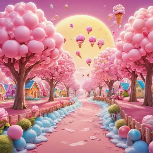 the wonderful  road to wonderland surrounded by ice cream and bubble gum trees and little houses. the sun is shining but in a glowing pink shading color. the atmosphere is joyful and looks like you ca