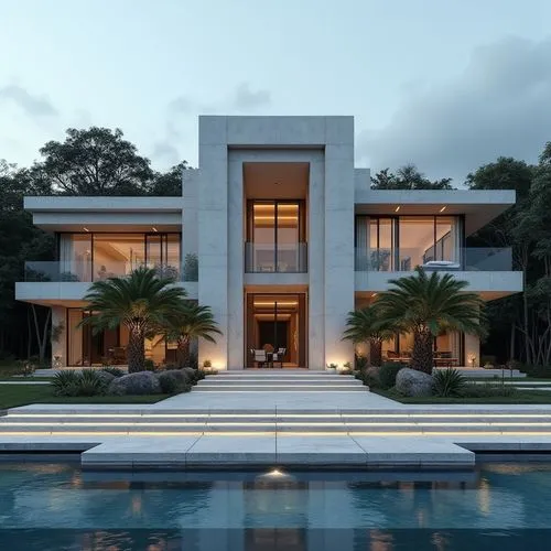 A hyper-realistic, high-resolution architectural photograph capturing a grand, ultra-modern luxury mansion at twilight. The building’s façade is composed of smooth white stone panels contrasted with s
