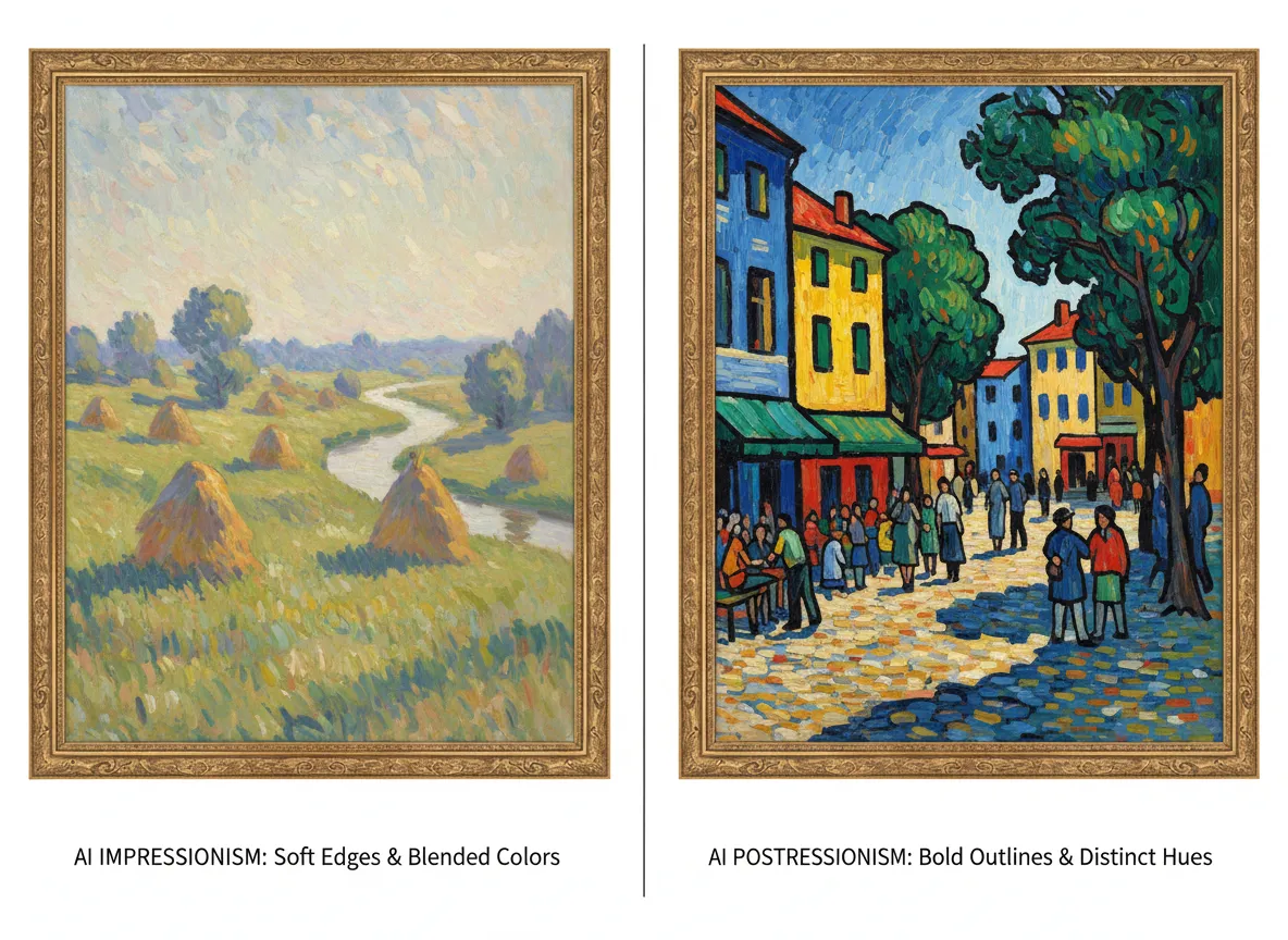 Direkter Vergleich eines KI-generierten impressionistischen Gemäldes mit weichen Kanten und eines post-impressionistischen Gemäldes mit kräftigen, klaren Umrissen und Farben.