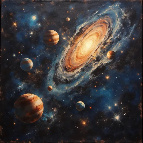 a space scene with planets and a large galaxy,space art,messier 8,astronomy,planetary system,spiral galaxy,outer space,planets,macrocosm,planetarium,pioneer 10,celestial bodies,the solar system,inner 