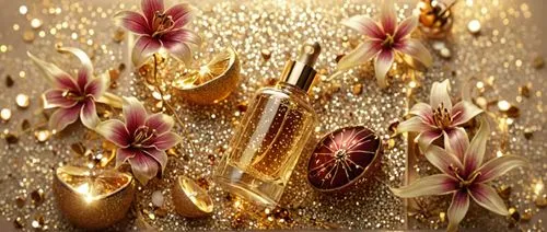 several cosmetics containers with golden, red and white flowers on them,gold new years decoration,blossom gold foil,award background,gold foil art,gold art deco border,perfumers,gold foil crown,golden