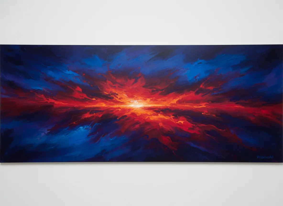 Ein atemberaubendes Farbfeldgemälde mit tiefen Blau- und Rottönen, die nahtlos ineinander übergehen, erstellt mit dem Generator für abstrakte Kunst von PromeAI.