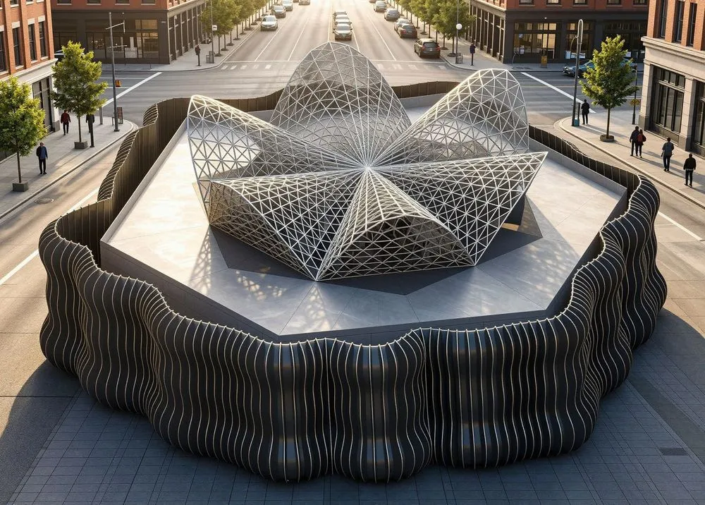 a large, triangular structure on the side of a street