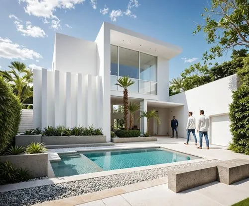 A photo-realistic rendering of a modern, minimalist white house with a contemporary design. the house is situated in a well-manicured garden with a small, rectangular swimming pool in the center. the 