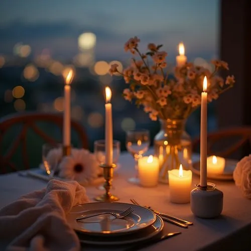 exclusive balcony elegant decoration on table ,delicate ,blured background,zoom focus,candles and lights
,a dinner set up with lit candles and dishes,romantic dinner,candle light dinner,romantic night