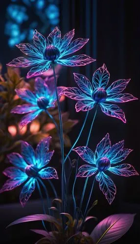AI-generated flowers, futuristic sci-fi setting, neon-lit petals, glowing blue and pink hues, delicate mechanical details, intricate circuitry patterns on leaves, slender stems made of metallic wires,