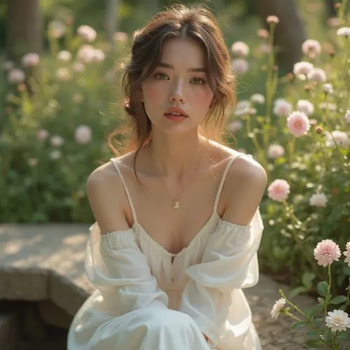 Gainsboro color, soft pastel tone, gentle feminine atmosphere, delicate skin, subtle freckles, light brown hair, natural makeup, elegant white dress, flowing long skirt, relaxed pose, sitting on a sto