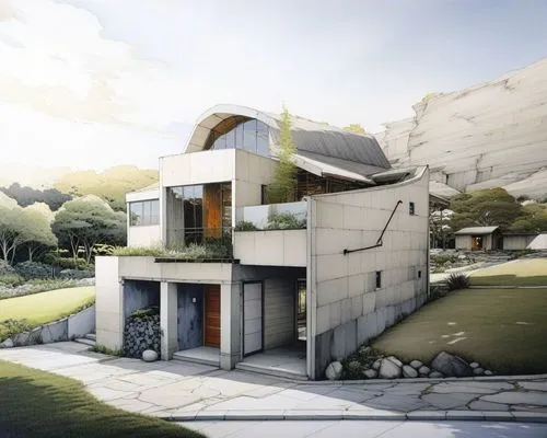 a painting of a house with a stone walkway,habitat 67,cubic house,dunes house,modern house,cube house,modern architecture,house in mountains,cantilevers,house in the mountains,exposed concrete,residen