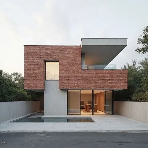 A hyper-minimal modern villa made of white exposed concrete and GRC, featuring two offset cubes, delicate black window frames, shadow-cut joints, sharp cantilevers, vertical voids, sculptural stairs, 