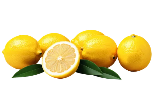Yellow lemons, bright citrus fruits, glossy surface, green leaves, stem attached, 3/4 composition, close-up shot, shallow depth of field, warm lighting, vibrant color tone, HD texture, realistic detai