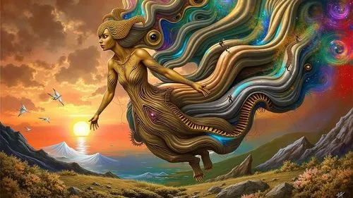 A surreal, dreamlike landscape unfolds with organic, biomorphic architecture and swirling, abstract forms. In the foreground, a colossal, stylized human head occupies the right side, its intricate, ve