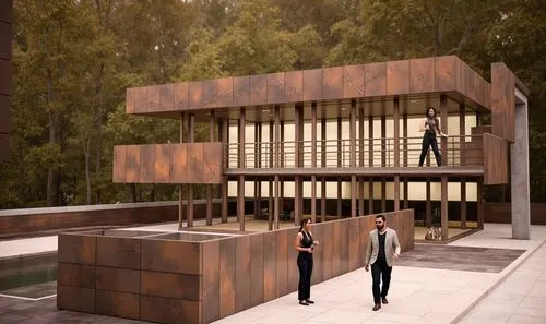 there are two men walking next to the building,renders,render,wooden facade,cubic house,timber house,modern house,school design,model house,modern building,modern architecture,wooden house,cantilevere