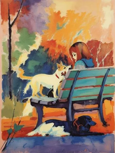 Девушка с собакой сидят на скамейке,woman sitting on a park bench with a couple of dogs,park bench,girl with dog,man on a bench,bench,red bench,gouache