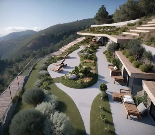 luxury terraces, hill side terraces, seating terraces,the landscape shows a curve in the path as well as a hillside with stairs, trees and lounge chairs on either side,terraces,landscaped,roof landsca