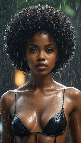 An exquisite  woman with deep ebony skin and a realistic afro hair bathing in the pouring rain, the image is captured in stunning 4K, enhancing every single detail. Her beauty is astounding. Her eyes 