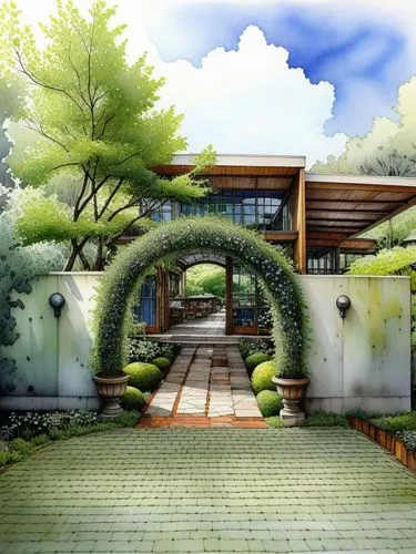 an entrance to the front of a house,landscaped,garden elevation,zen garden,japan garden,green garden,roof landscape,home landscape,background design,beautiful home,carport,nature garden,forest house,g