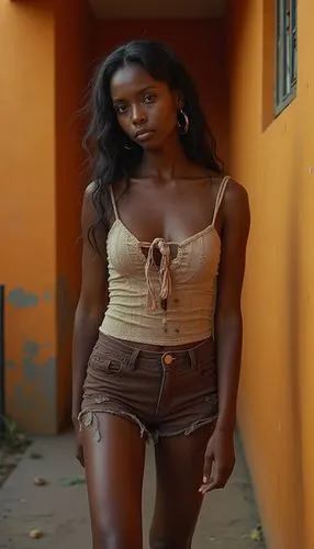"BONITA - YPSO", marca visible de la ropa de diario informal actual, descomplicada, mujer ebony, muy bonita, perfecta, muy flaca, (en una casa humilde con muros color naranja en el magdalena medio Col
