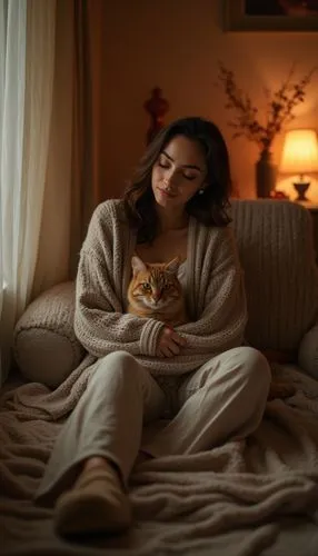 A cozy evening outfit with a wool cardigan, wide-legged pajama pants, and house slippers. She’s lounging with her cat in a softly lit room, embodying a warm, relaxed autumn night indoors.












